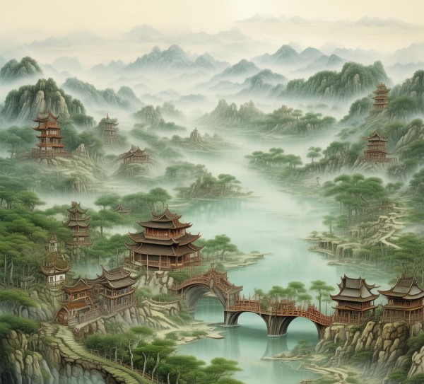 自然人文交融的山水长卷,山水画卷，一幅自然与人文交织的风景图,漫步,第1张